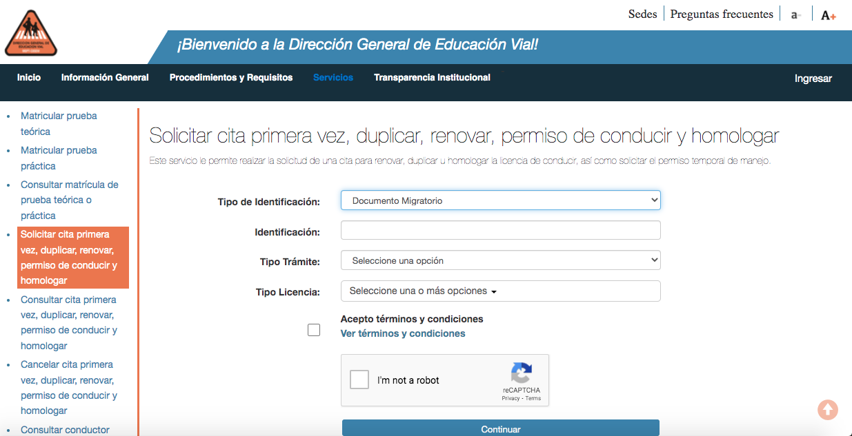 Image of the COSEVI website where you register for an appointment to get a Costa Rica driver's license.