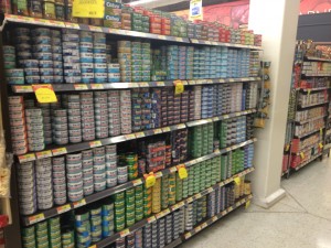 Shopping aisle with tuna in a Costa Rica grocery store
