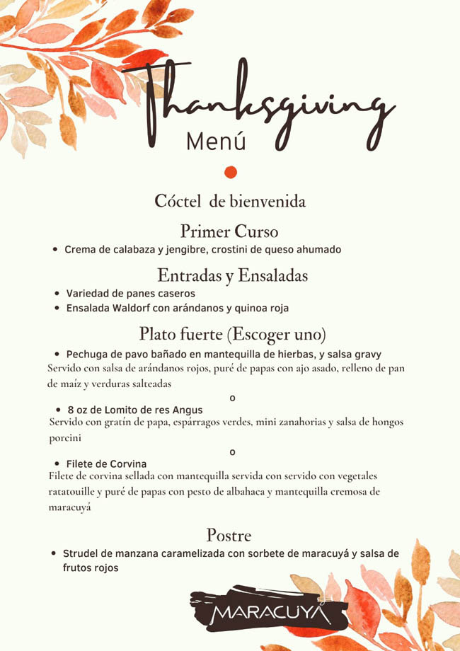 Thanksgiving dinner menu from Costa Rican restaurant
